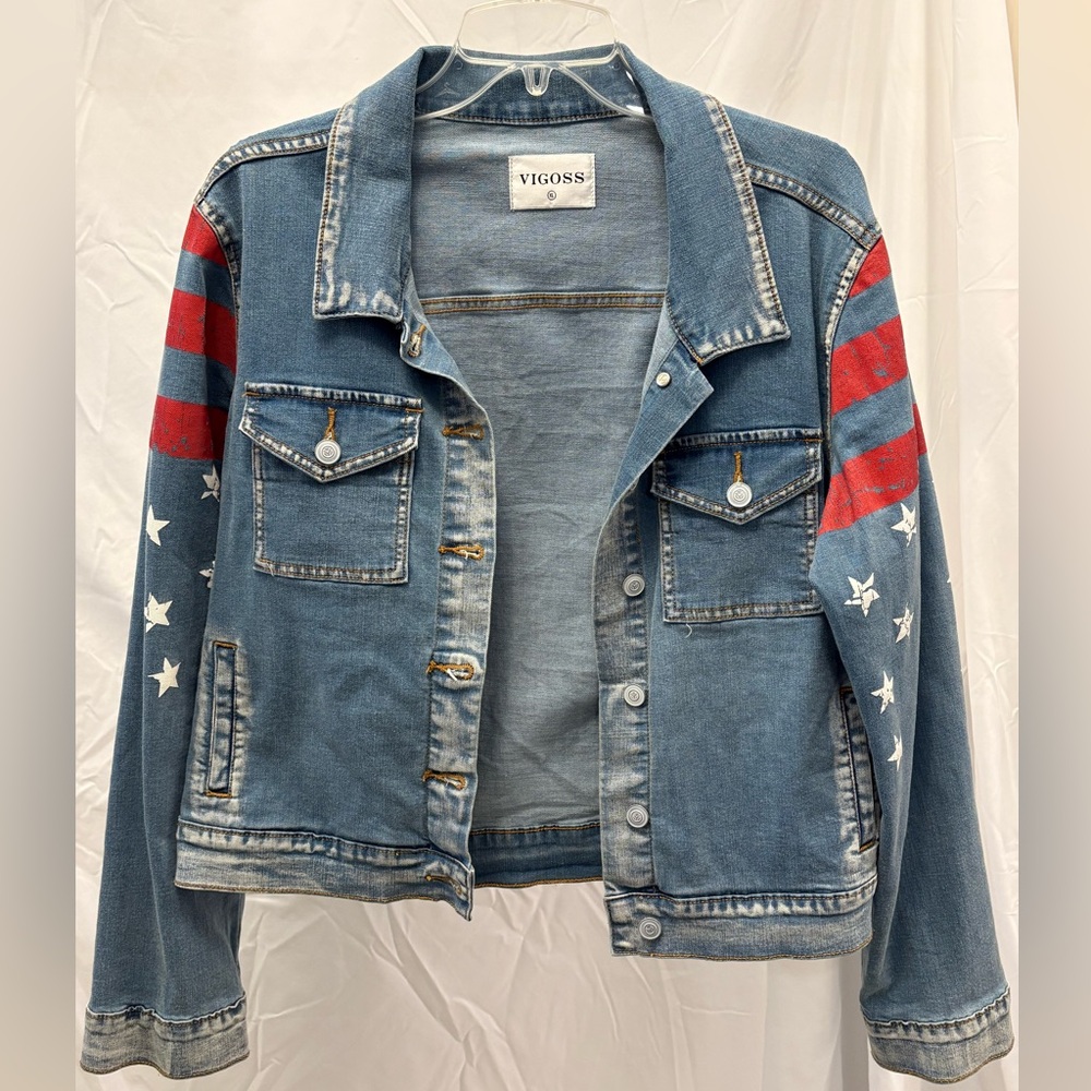 Vigoss denim jacket with American flag-inspired detailing on the sleeves size XL